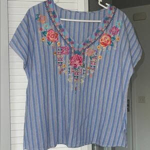 Savannah Jane Striped Embroidered Floral Blouse Large Blue